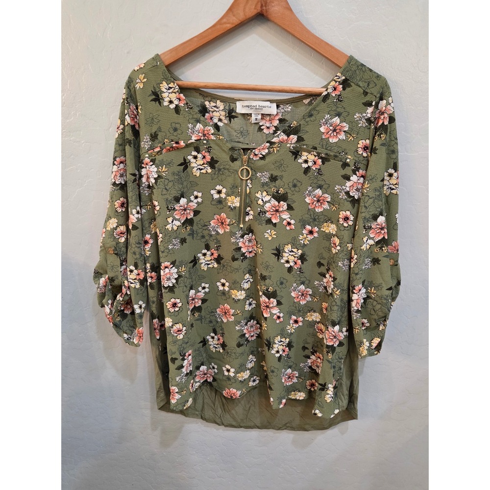 Tempted Hearts Olive Floral Zip Neck Roll Tab Blouse 1X RB4646P-X1954